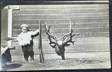 3 ANTIQUE RPPC UNUSUAL POSTCARDS SOLDIER INFANT &GUN &DEER MEN & HOT AIR BALLOON picture