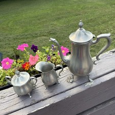 Vintage W.E.B. 1136 Pewter Coffee Tea Set Pot Creamer Sugar Bowl Footed 3 Pc picture