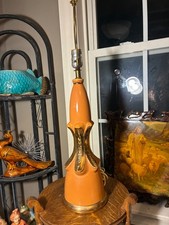 Vintage MCM Tericotta Glazed Ceramic Table Lamp with Gold Accents 1950-1965 picture