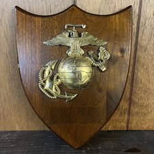 Vintage USMC Wood Walnut Shield Plaque Eagle Globe Anchor EGA Made In USA Semper picture
