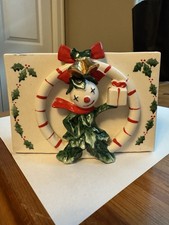 Vintage Japan Dickson Ceramic Christmas Holly Man Starry Eyed Planter Candy Cane picture