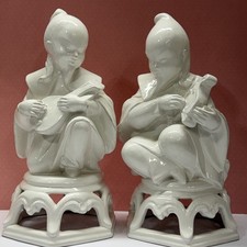 Vintage Asian White Ceramic Pair of Musians, Made In Italy  9” Tall  1990’s picture