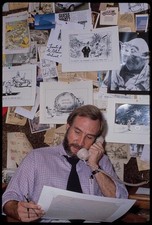 Photo:Tony Auth Cartoonist 1980s Working at Desk with Sketches picture