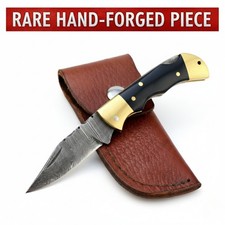 SK CUSTOMS Custom Hand-Forged Damascus Steel Folding Knife - Rare Ebony & Brass picture