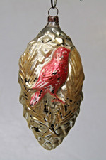 Antique Vintage Glass Embossed Red BIRD on PINECONE Christmas Ornament Germany picture