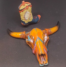 Painted Western Americana Longhorn Skull & Cowboy Boot Decor Figurines Lot picture