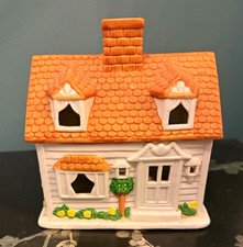 Vintage PartyLite Ceramic Cottage Tealight Candle Holder Orange Roof Flowers 7” picture
