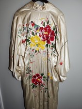 Vtg 1940's Embroidered Silk Kimono Robe Hand Stitched Souvenir Peonies Bird picture