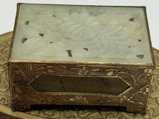 Chinese Brass Vintage Ornate Jade On Glass Is A Etched Match Box Holder W/ Legs picture