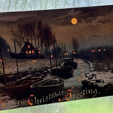 Antique HTL Hold To Light Christmas Postcard Boats Creek Moon House Snow Scene picture