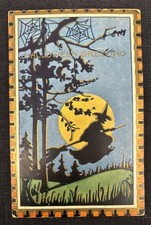 Vintage Halloween Whitney Postcard Flying Witch on Broom Spider Webs Full Moon picture