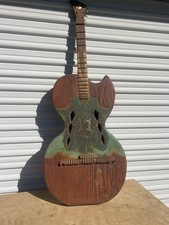 Large Vintage Folk Art Guitar Sculpture Carved Wood Musical Piece picture