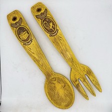 Vtg 1960 Universal Statuary Corp Wooden Fork Spoon Set Chicago Wall Decor Large picture