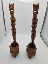 Vintage Pair Hand Carved Wood Figural Pipes African Tribal Style Folk Art 27