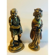 Vintage Japanese Bronze Tone Set Villager + Woman Kimono Statues De Cher 1981 picture