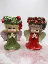 VTG Lefton Praying Angels Candle Holder Figurines Set Of Two  Poinsettias Wreath picture