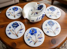 Luxury Marble Inlay Coaster Set Handmade Stone Drink Coasters Floral Pietra Dura picture