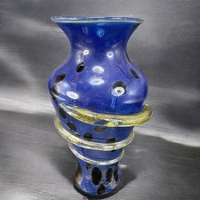 2001 Cliff Goodman Art Glass Vase Vessel Spiral Cobalt Blue Gold Specks Signed picture