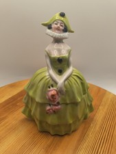 Vtg German Porcelain Pierrot Pierrette Lady Powder Box Trinket Jar Green Germany picture