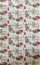 Vintage 60s Kitchen Theme Tablecloth 100% Cotton Red Green Cream Mid Century picture