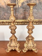 Pair Vintage Italian Wood Painted Altar Candlesticks Lamp Base Baroque Rococo picture
