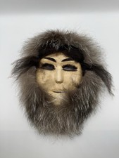 Vintage Alaskan Inuit Skin Mask Real Fur Hide Handmade Folk Art Wall Hanging picture