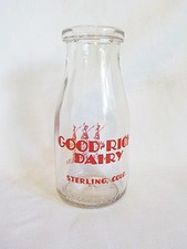 1/2 Pint Good Rich Dairy Milk Bottle Sterling Colorado Round 3 Soldiers on Back picture