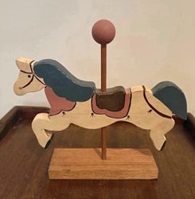 Wood Carousel Horse Figurine on Stand Painted Blue Pink Brown Approx 9 in picture