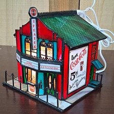  VTG Coca-Cola Lighted Stained Glass Movie House Franklin Mint Christmas Theater picture