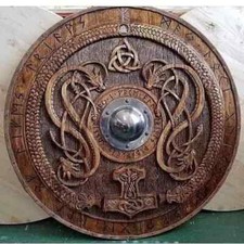 24'' Medieval Wooden Norse Carving Round Viking Shield Celtic Ornament Battle picture