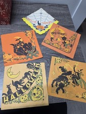 5 Vintage Halloween Crepe Paper Napkin Table Decorations, 5 Designs, 1940s-50s picture
