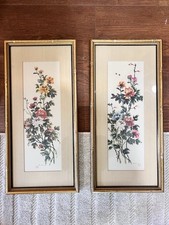 Two Vintage Chinese Ho Chu Water Floral Color Paintings MCM Art Deco picture