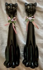 Vintage Pair 2 King BLACK CATS Ceramic Long Neck Bows MCM Siamese Cat Figurines picture