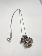 12g 925 STERLING SILVER FLOWER AMETHYST 18” FINE JEWELRY NECKLACE STAMPED picture
