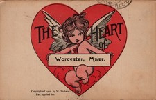 1907 M Tichnor Worcester Mass Cupid Heart Novelty Postcard 1909 Postmark CT picture
