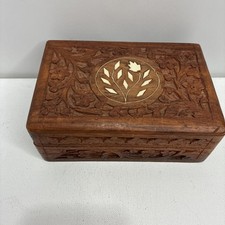 Vintage hand-carved wooden trinket/jewelry box, India, intricate floral carvings picture