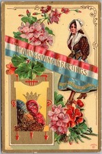 c1910s THANKSGIVING Embossed Postcard Woman in Bonnet / Turkey w/ Crown - Unused picture