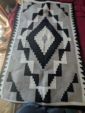 Vintage Navajo Handwoven Wool Rug 36x60 Pinon Arizona Gray Black Geometric picture