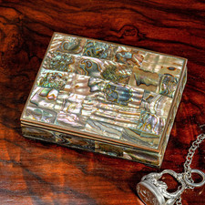 Luminous Vintage Mid Century Abalone Shell Brass Jewelry Trinket Box picture