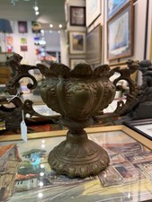 Antique Bronze Pedestal Bowl / Urn with Dragon Handles – Scalloped Rim picture