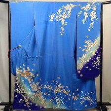 Vintage Japanese Silk Furisode Kimono – Blue & Purple with Cherry Blossom Rain picture