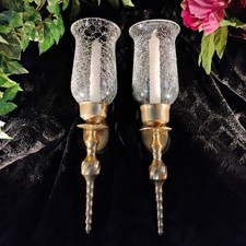Polished Solid Brass Vintage Candle Sconce Pair: Crackle Glass Hurricane Globes picture