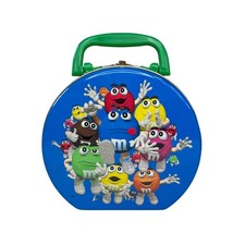 Vintage 1999 M&Ms Round Metal Lunchbox Tin Handle Blue Red picture