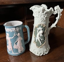 Two Antique Schafer & Vater Jasperware Bisque Porcelain Ewers - Teal/Pink/Green picture