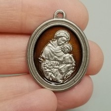 Vintage St Saint Anthony Pray for Us Medal Pendant Charm Silver Tone Enamel picture