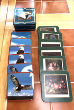 Vtg Enesco Eagle Coaster Set w/Tin Pimpernell Floral Cork Coasters Breweriana picture