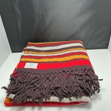 VTG Faribo Wool Blanket Fluff Loomed Fringe Striped MCM Camp Cabin Stadium Throw picture