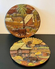 Lot 2 Vintage Thailand Hand Carved & Painted 3D Wood Wall Decor 9.5