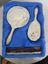 Vintage Silverplated 3-Piece Dresser Set Mirror Brush Comb Made in Hong Kong picture