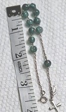Vintage Sterling Silver Rosary Bracelet Green Glass & Rose Beads 7 3/4